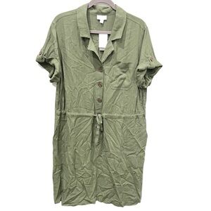 J. Jill Dress Women's XL Green Button Down Tie Waist Shirt Dress NWT Utility
